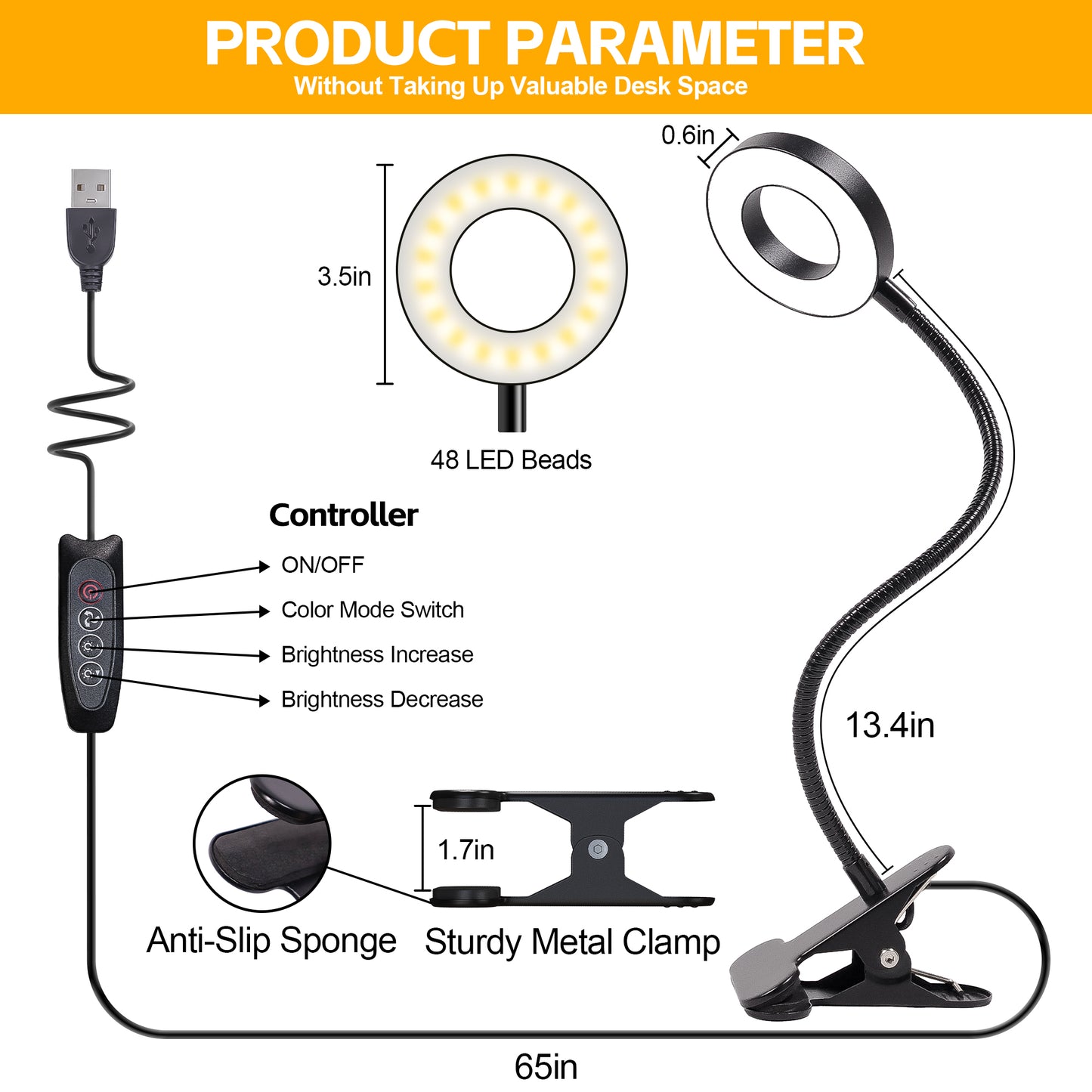 Lypumso Desk Lamp Clip on Light, 48 LED Reading Lamp with USB Charging Port, 3 Color Mode 10 Brightness Levels