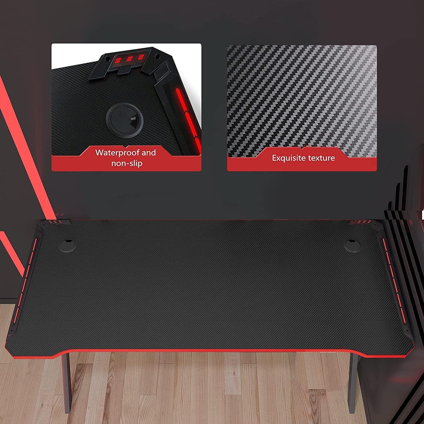 Lypumso Gaming Desk with LED Lights, 47in Ergonomic Home Office Tables PC Study Desks, K-Shaped Carbon Fiber Surface Computer De