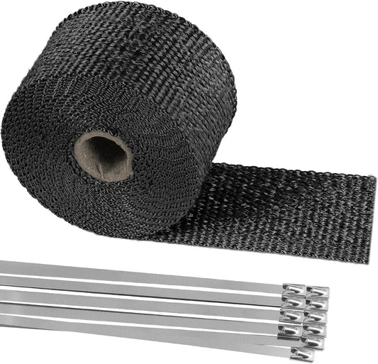 LYPUMSO Exhaust Heat Wrap, Black Fiberglass Heat Resistant Exhaust Wrap Roll for Motorcycle, Car Exhaust Pipe Heat Insulation Muffler Tape with Stainless Locking Ties