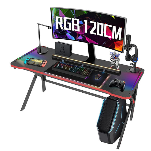 Lypumso Gaming Desk with LED Lights, 47in Ergonomic Home Office Tables PC Study Desks, K-Shaped Carbon Fiber Surface Computer De