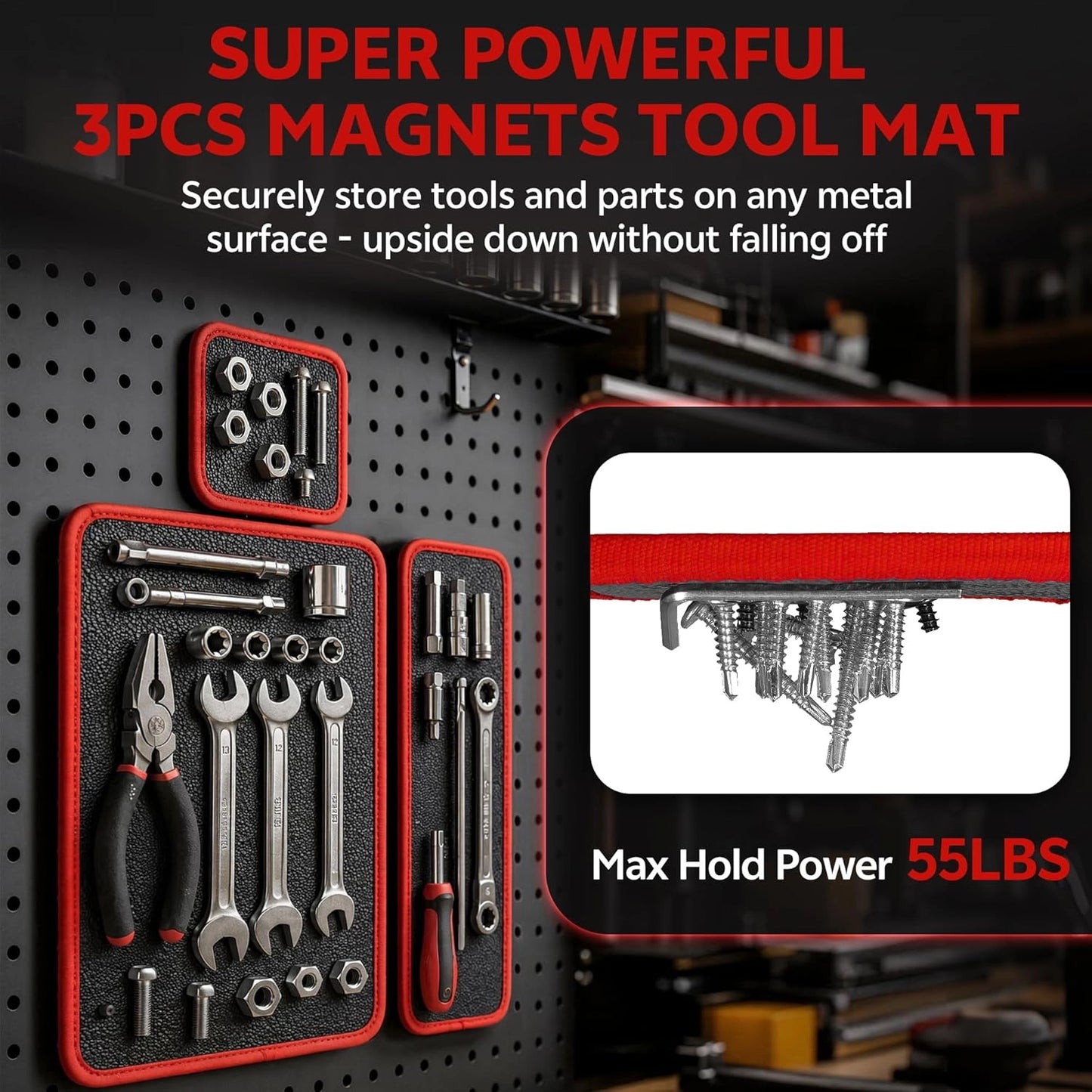 55 LBS Flexible Magnetic Parts Holder with 3 Different Size Trays, Non Slip Magnetic Tool Pad for Organizing Wrench Scre