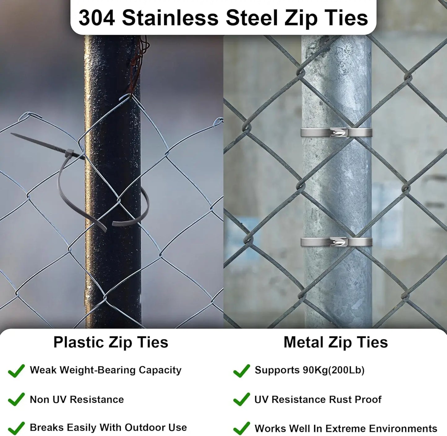 304 Stainless Steel Zip Ties 11.8 inch Multi-Purpose Heavy Duty Self-Locking Cable Ties