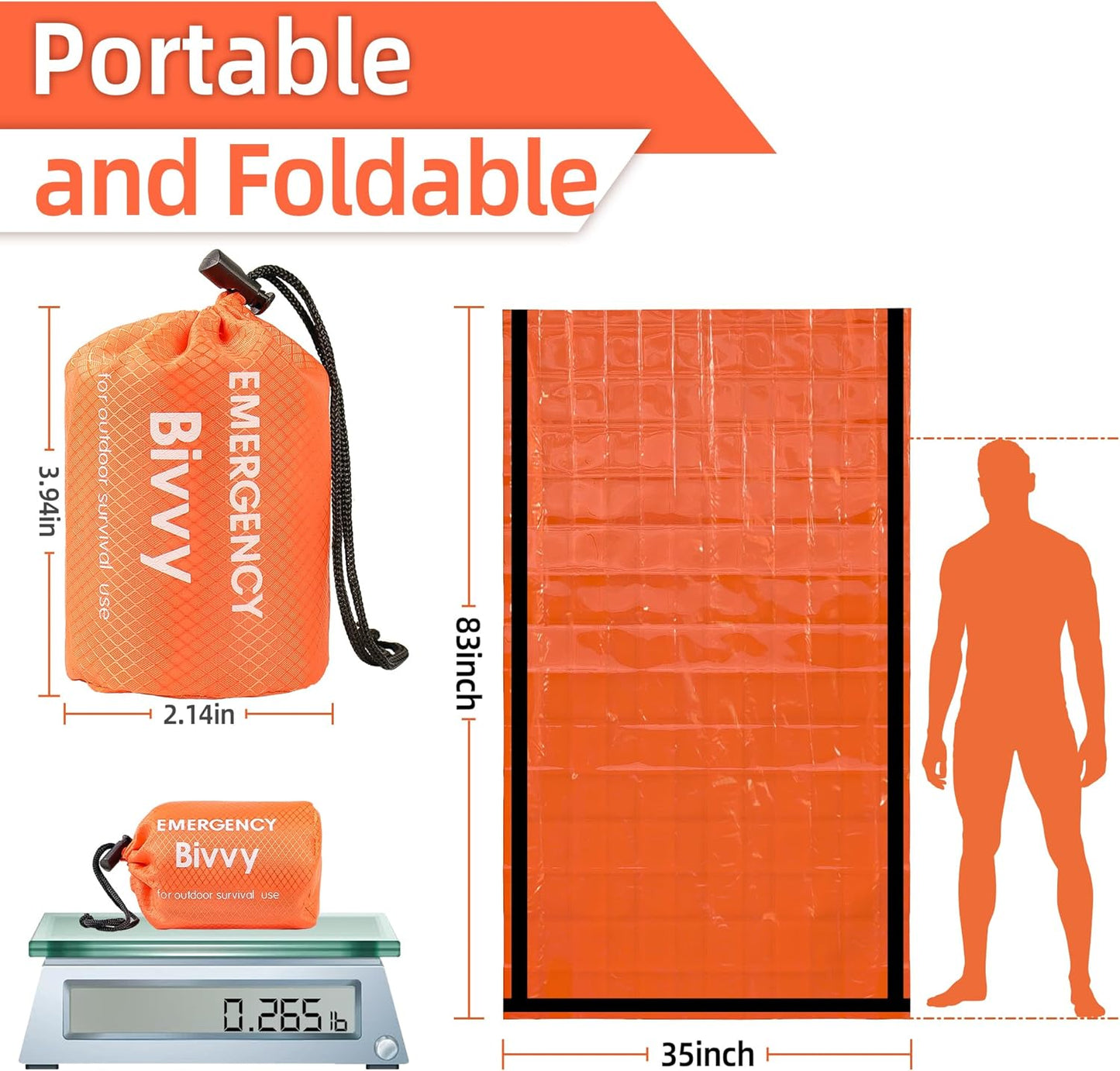 Emergency Sleeping Bags, Survival Bivy Sack Mylar Thermal Emergency Blanket Waterproof Lightweight Portable Shelter for Camping Gear Hiking Travel Outdoor Activities Backpacking