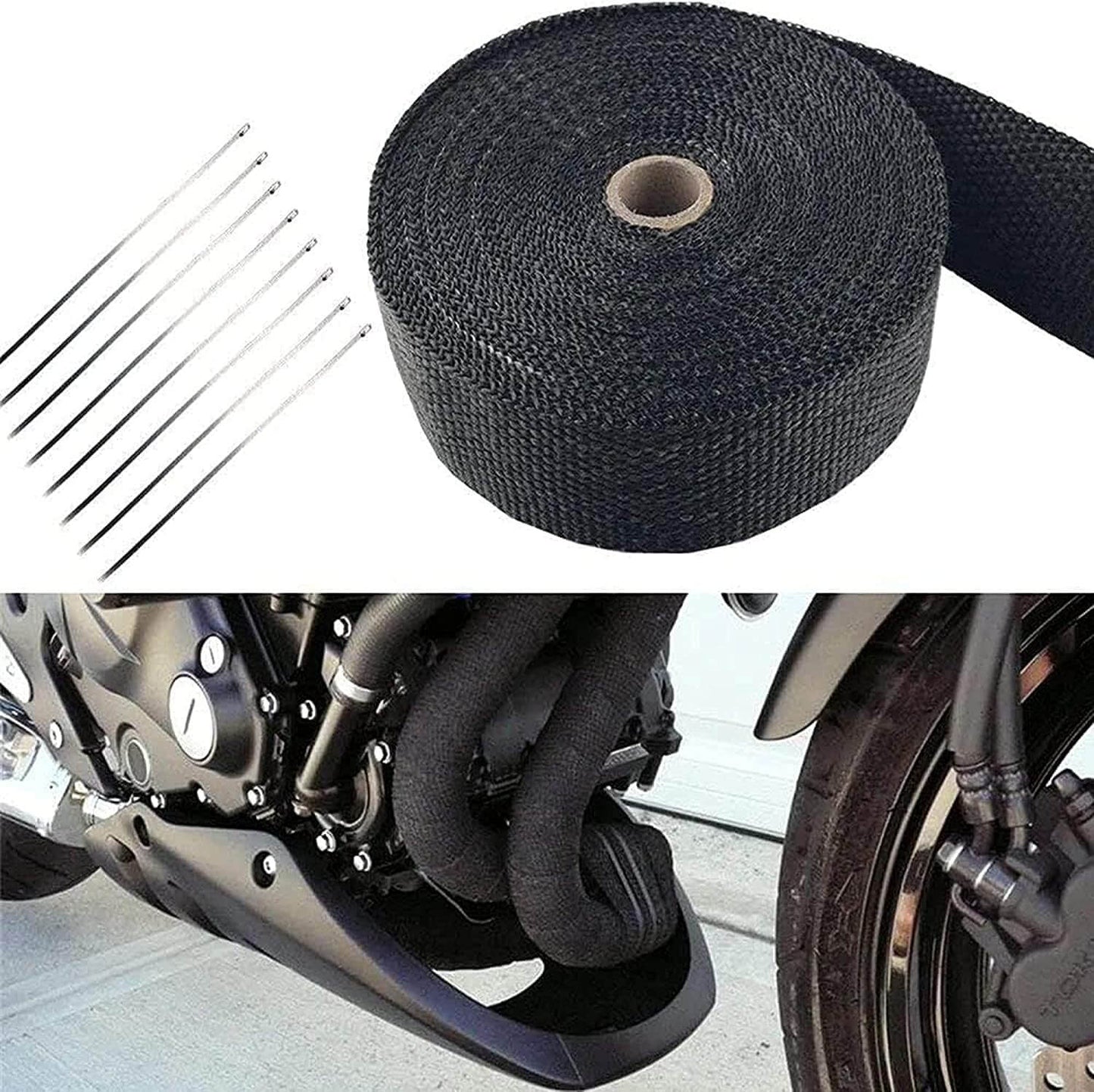 LYPUMSO Exhaust Heat Wrap, Black Fiberglass Heat Resistant Exhaust Wrap Roll for Motorcycle, Car Exhaust Pipe Heat Insulation Muffler Tape with Stainless Locking Ties