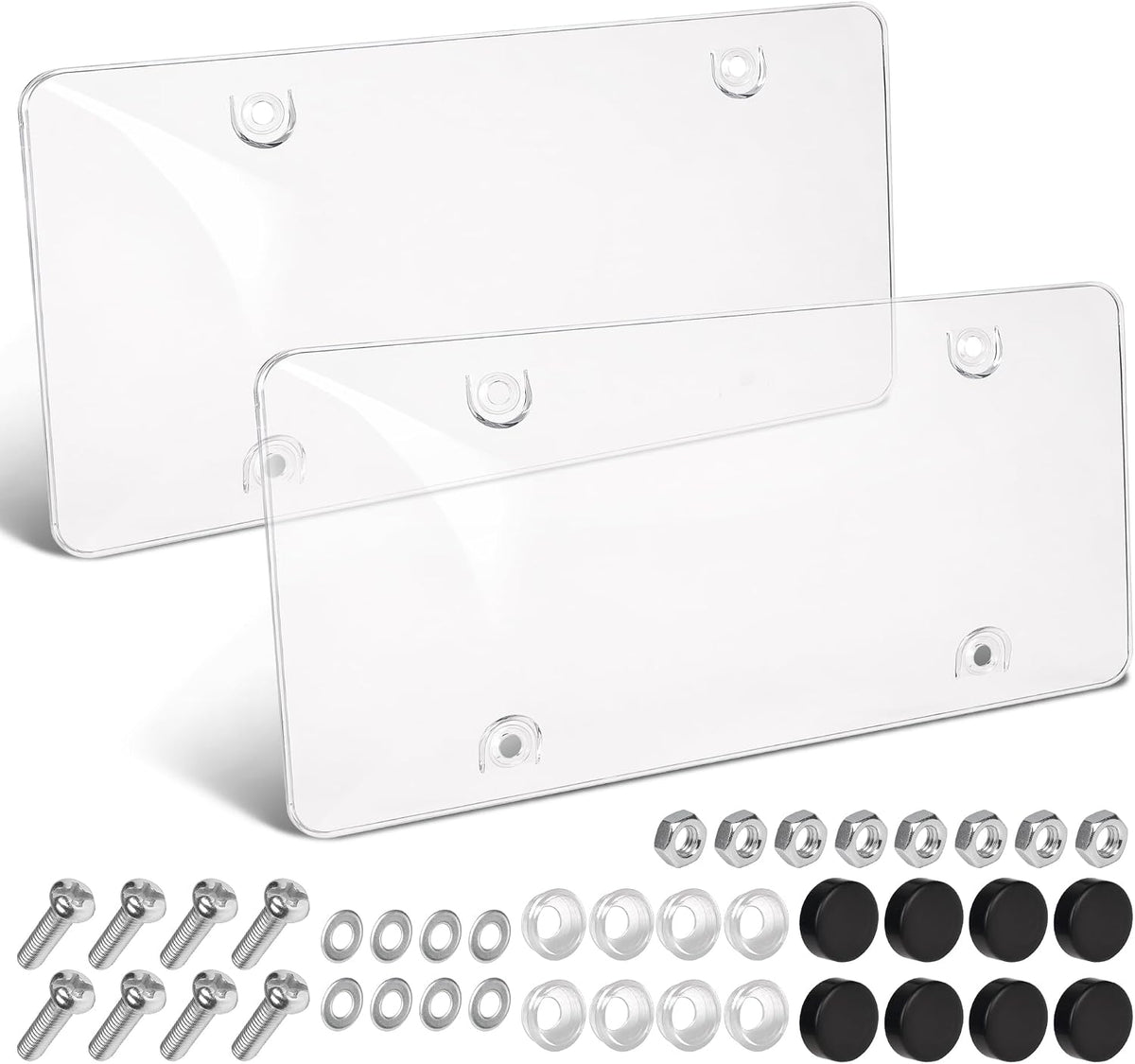 Clear license plate frame 2 pack - front view, unbreakable polycarbonate license plate protector