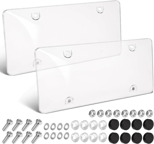 Clear license plate frame 2 pack - front view, unbreakable polycarbonate license plate protector