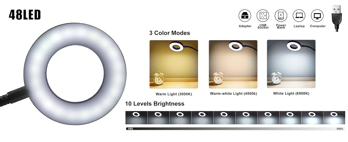 Desk Lamp Clip on Light, 48 LED Reading Lamp with USB Charging Port, 3 Color Mode 10 Brightness Levels - detail image 1